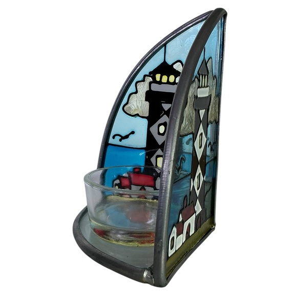 Lighthouse Stained Glass Candle Holder Vintage Painted Glass Art Piece - Picture 4 of 16